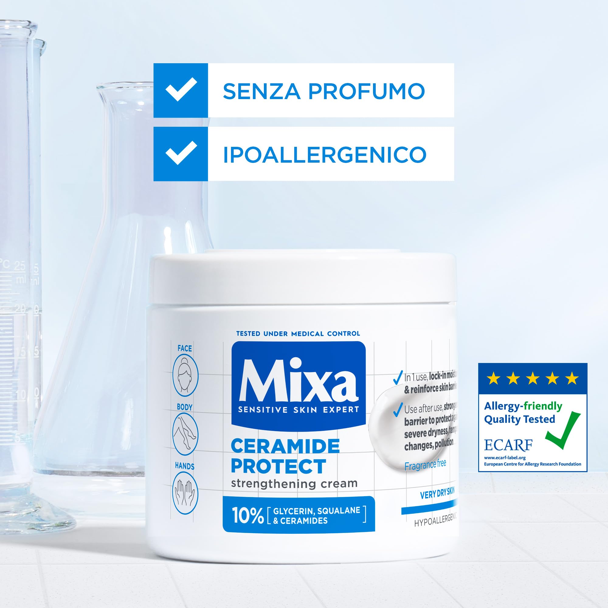 Mixa Crema Idratante Rinforzante, Per Pelli Sensibili e Molto Secche, Pelle Idratata a Fondo, Con il 10% di Ceramidi, Glicerina e Squalano, Senza Profumo, Ceramide Protect, 400 ml