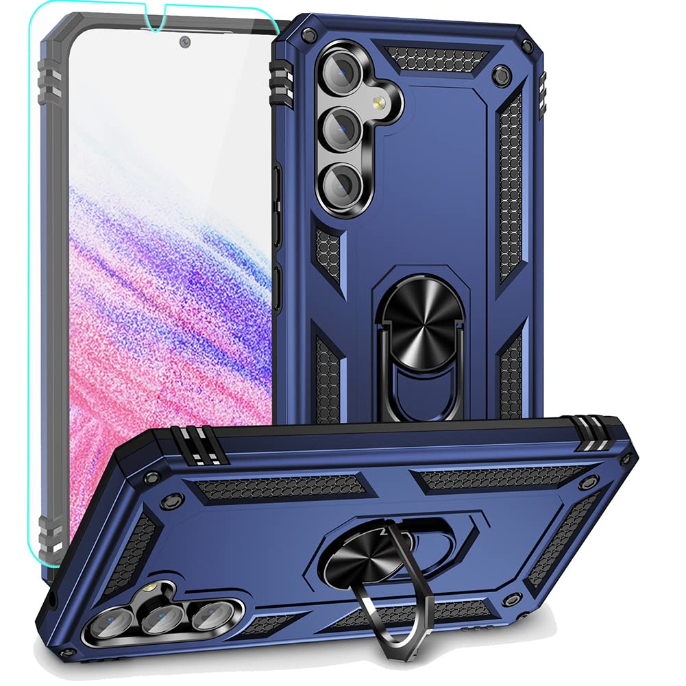 for Samsung A54 5G Case, Galaxy A54 5G Case with HD Screen Protector, Military-Grade Metal Ring Grip Holder Kickstand 15ft Drop Tested Shockproof Back Cover for Samsung Galaxy A54 5G Blue