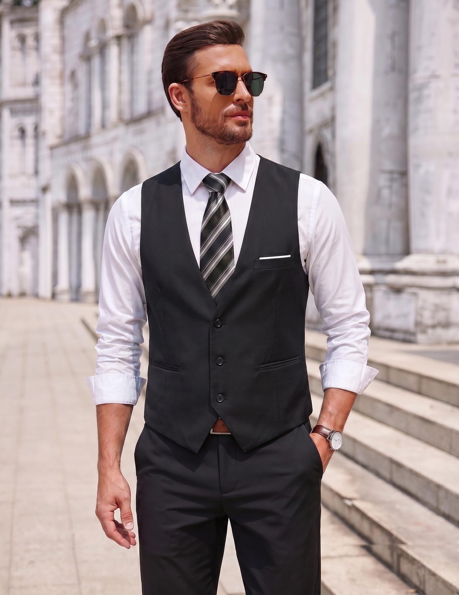 COOFANDY Chaleco Traje Hombre Negocio Sólido Chaleco Vestir Casual Cuello en V Chaleco Boda Hombre Elegante con Bolsillos