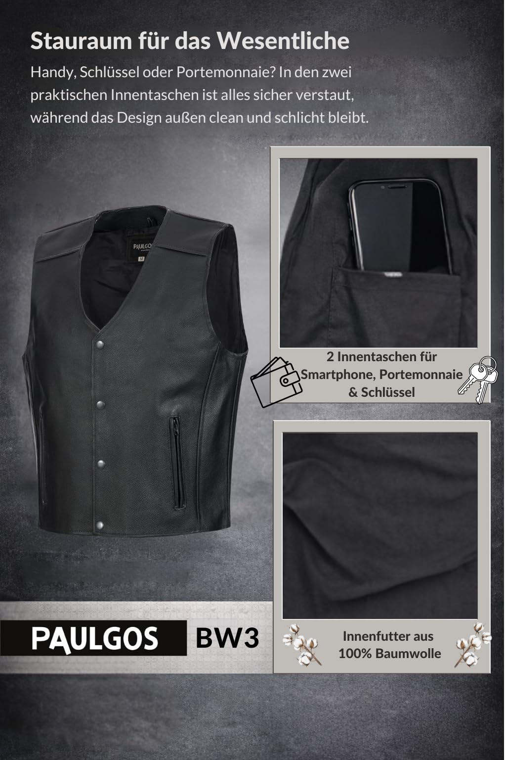 PAULGOS Lederweste Weste Kutte Leder Biker Rocker Motorrad Clubweste Bikerweste Motorradweste Schwarz BW3