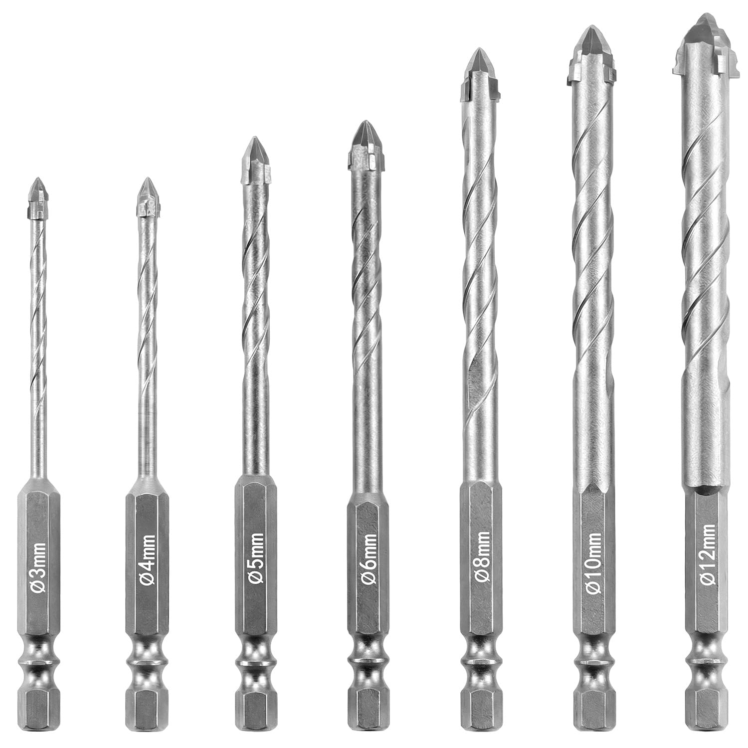 QWORK® Four-Flute Drill Bit Set, 7PCS – Tungsten Carbide, Masonry Drill Bits, 3/4/5/6/8/10/12MM, 1/4" Hex Shank,Silver