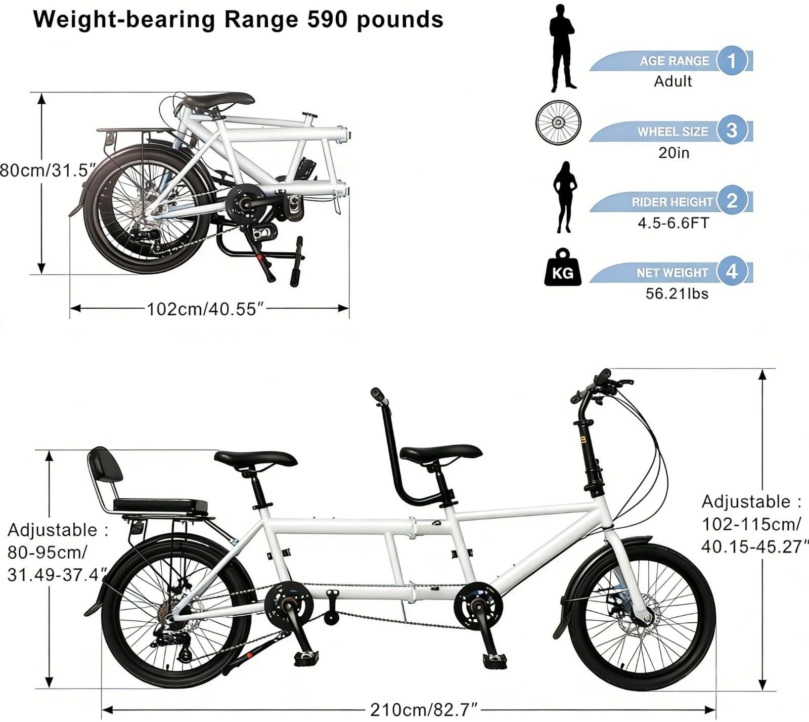 Bicicleta Tándem Plegable 20 Pulgadas, Bicicleta Plegable para Tres Personas, Fabricada Acero Alto Carbono, Resistente La Corrosión Y Duradera. Black,20in
