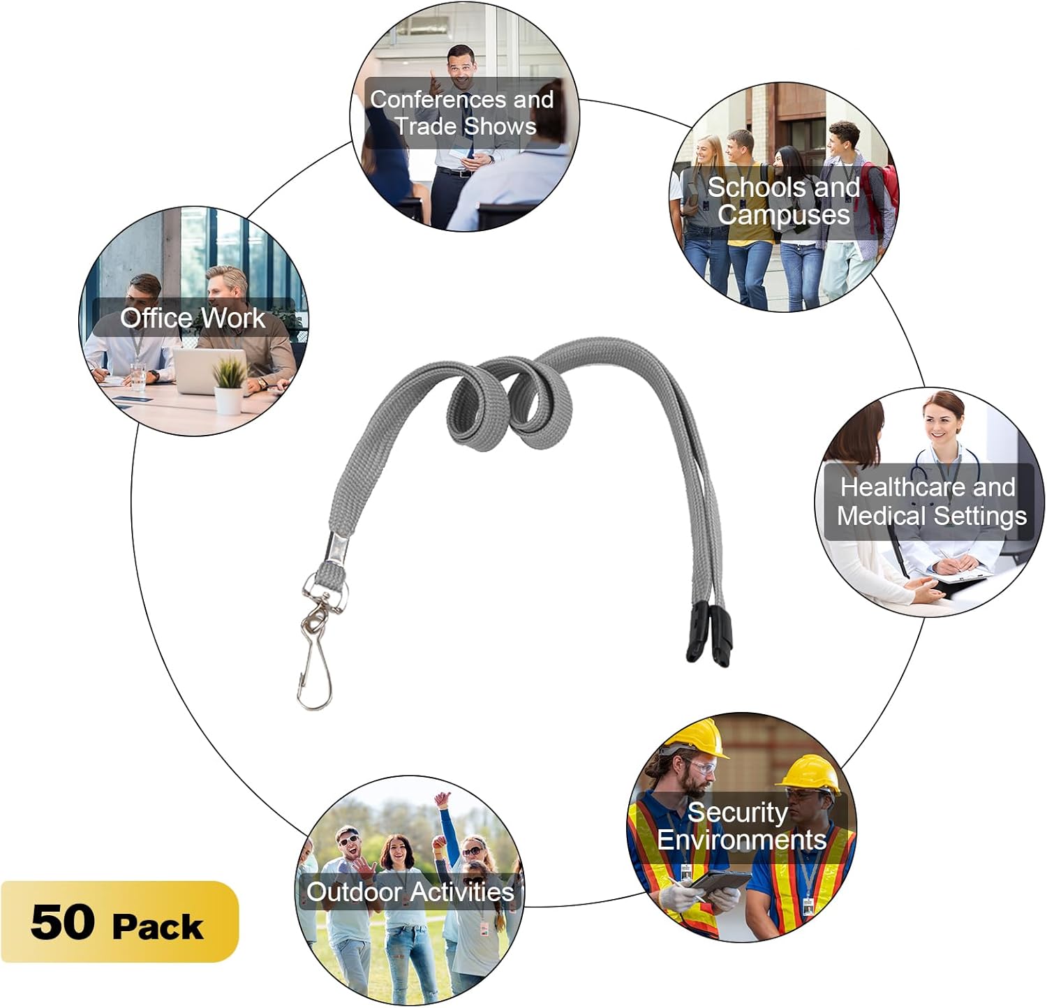 Breakaway Lanyards for ID Badges - Soft Gray Lanyard with Detachable Safety Hook, 18.9 inch Key Lanyard for Kids, School Groups, Office, Conferences, Events, and Trade Shows - 50 Pack