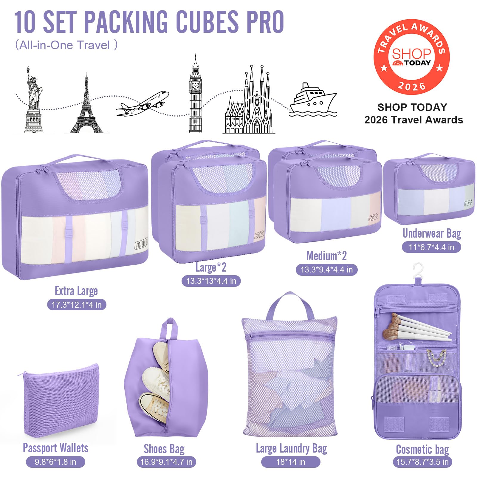 Veken 10 Set Packing Cubes for Travel Essentials,Anti-Wrinkle Buckled Suitcase Organizer for Shoe & Toiletry Bag,Carry On Luggage Bag with 99+ Count Mesh Holes for Airplane & College Dorm Accessories view 2