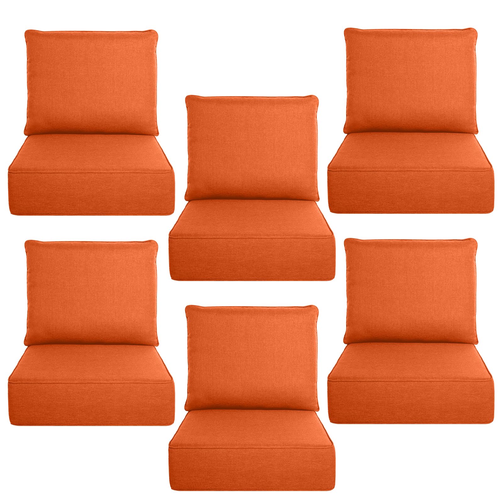 Luxury 6" Thick Outdoor Cushion Set 6 - 24x24 Patio Furniture Cushions with 28D High-Density Foam, Water-Resistant &amp; Fade-Resistant Fabric, Removable Covers for Patio Furniture Sofa Couch -Orange