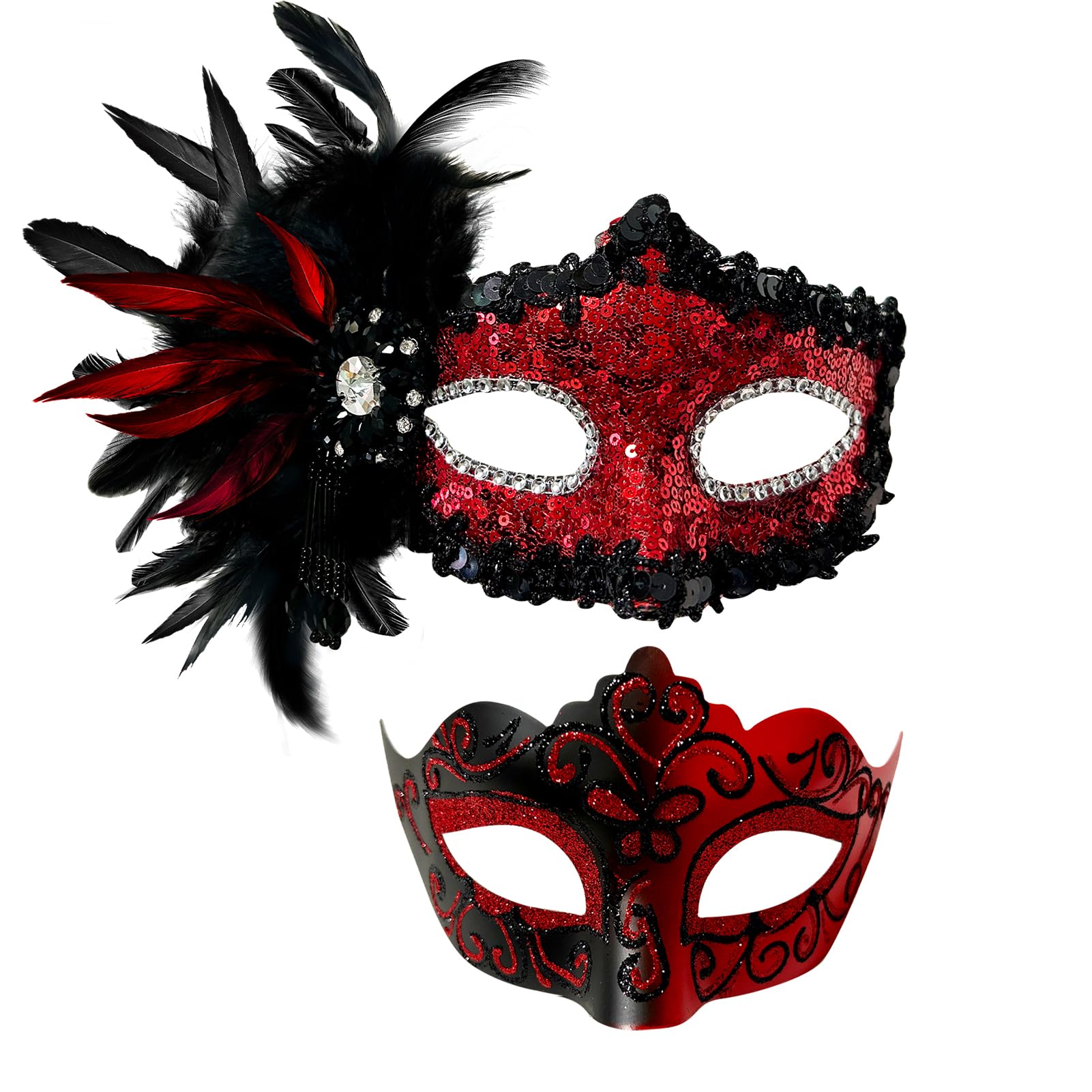 Allruyee 2025 New Masquerade Mask for Couple - Masquerade Mask Women with Feathers & Venetian Mask Men for Mardi Gras Party(Red)