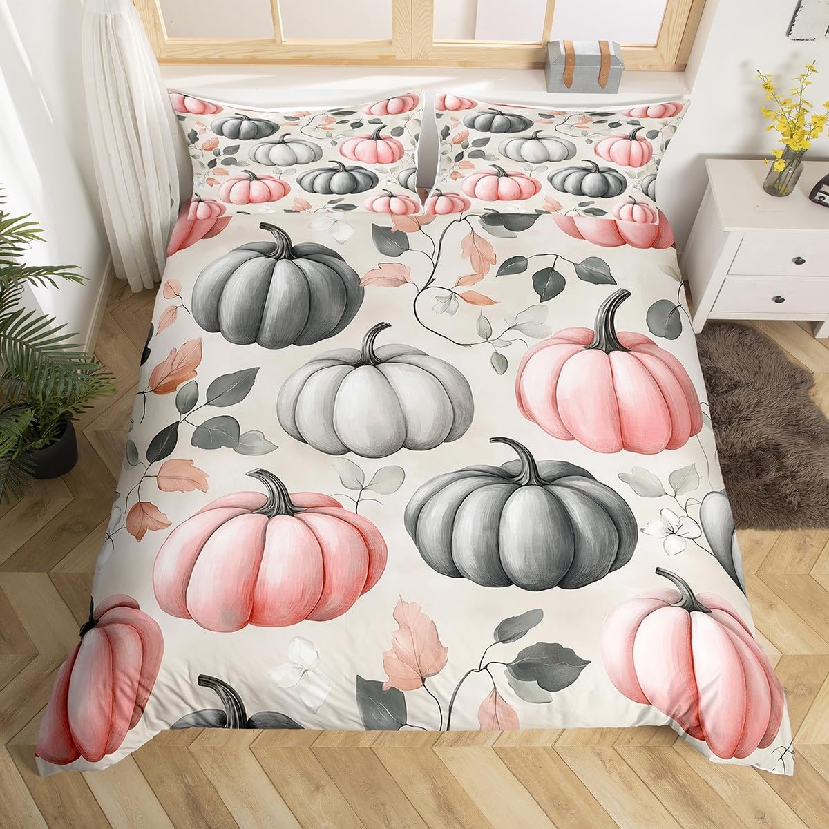 Homewish Pink Grey Pumpkin Comforter Set Fall Autumn Bedding Set King for Kids Girls Teen Women,Watercolor Botanical Eucalyptus Leaves Quilt Set Thanksgiving Bed Duvet Set Bedroom Decor