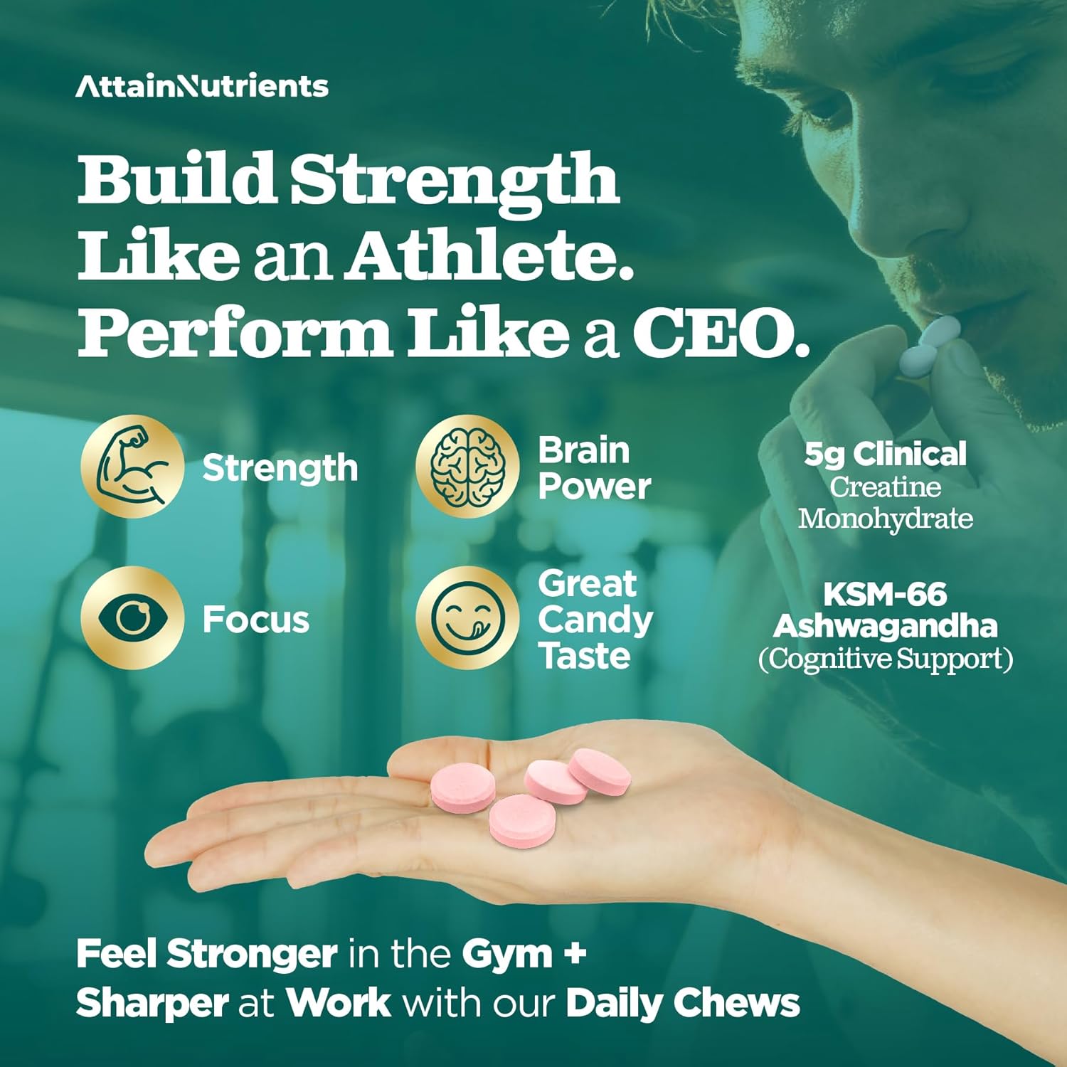 Creatine Chews - 5000mg Creatine Monohydrate Tablets for Men & Women with Ashwagandha KSM-66 - Low Sugar Muscle Support & Cognitive Boost - Gummy Alternative - 120 Count (Strawberry Lemonade)