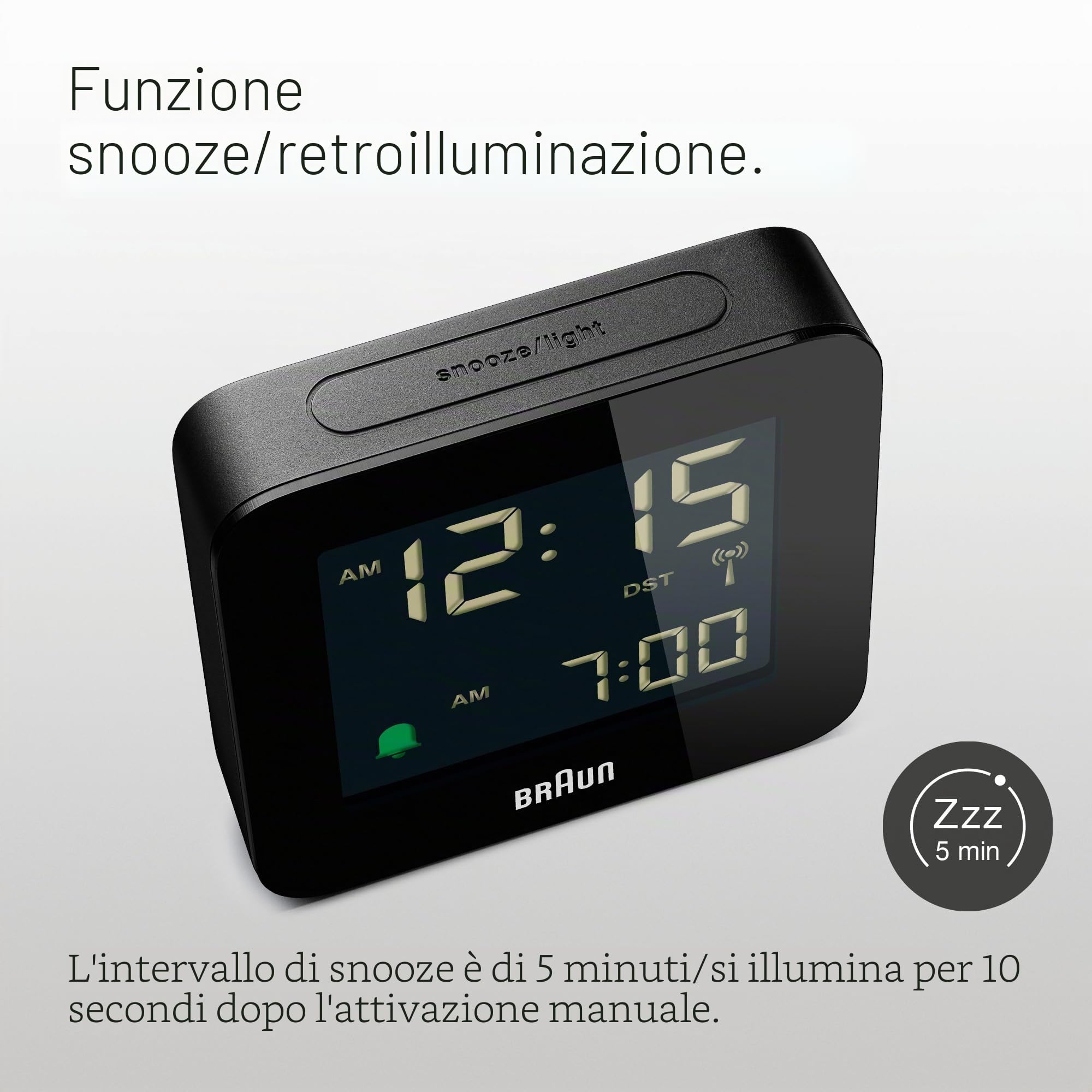 Braun Orologio Sveglia Digitale Radio controllato Fuso Orario Europa Centrale (DCF) con Funzione Snooze, Display LCD, Funzione Quick Set, Suono Sveglia Beep con crescendo, Nero, BC09B-DCF.
