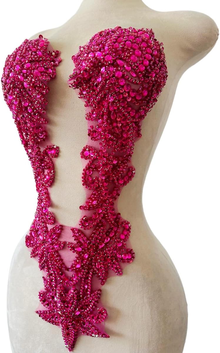 Handmade Beaded Appliques and Patches with Crystals Rhinestones Sew on Lace Sewing Accessories for Wedding Prom Evening Crafts DIY Dresses Gowns Decoration 6X21inches (Rose red)