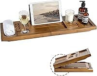 Realgulf Bamboo Bathtub Tray Caddy - Adjustable 28.5-40in Splash-Proof with Wine Holder, Tablet Stand & Non-Slip Grip - Walnut Spa Organizer