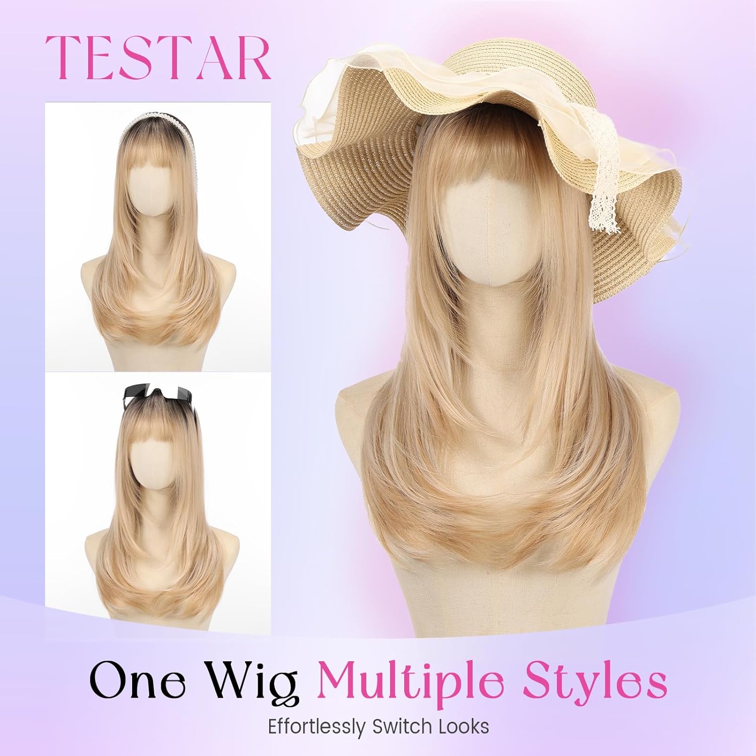testar Ombre Blonde Straight Wigs for Women with Bangs Natural Synthetic Layered Heat Resistant Wig for Girls Daily Party Cosplay Halloween Use 22 Inch