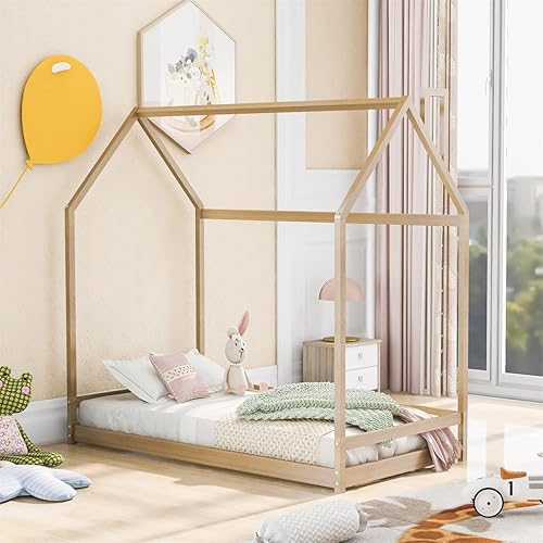 TRIPLE TREE Twin Size House Bed Frame, Floor Height Platform Bed with Roof for Children Boys and Girls, Wood House Shaped Bed Frame Without Slats,