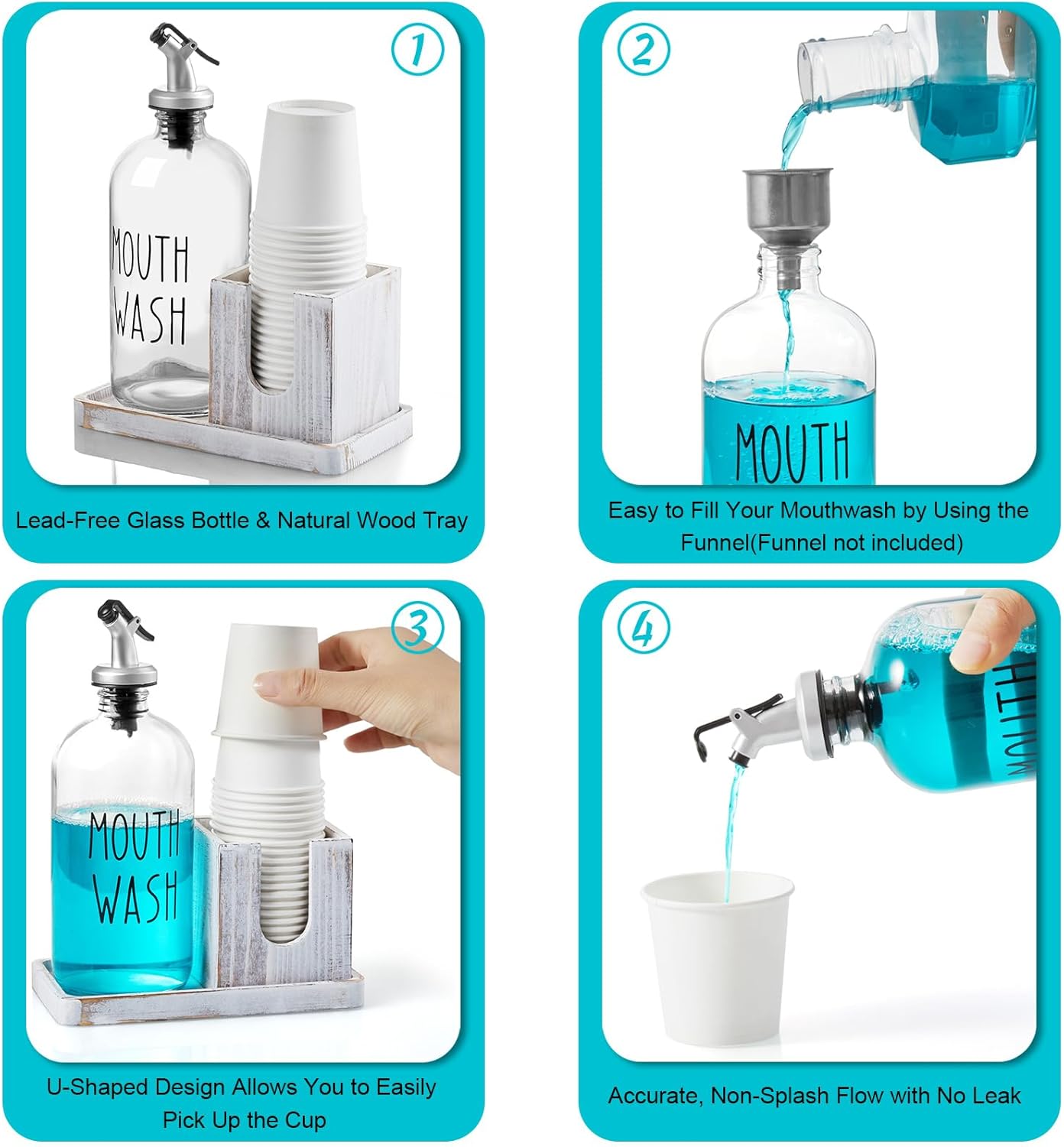 Glass Mouthwash Dispenser for Bathroom, 16 OZ Mouthwash Dispenser with Pour Spout and White Washed Wood Cup Holder and Tray, Mouth Wash Bottle Container, Rustic Kitchen Bathroom Decor and Accessories - Image 4