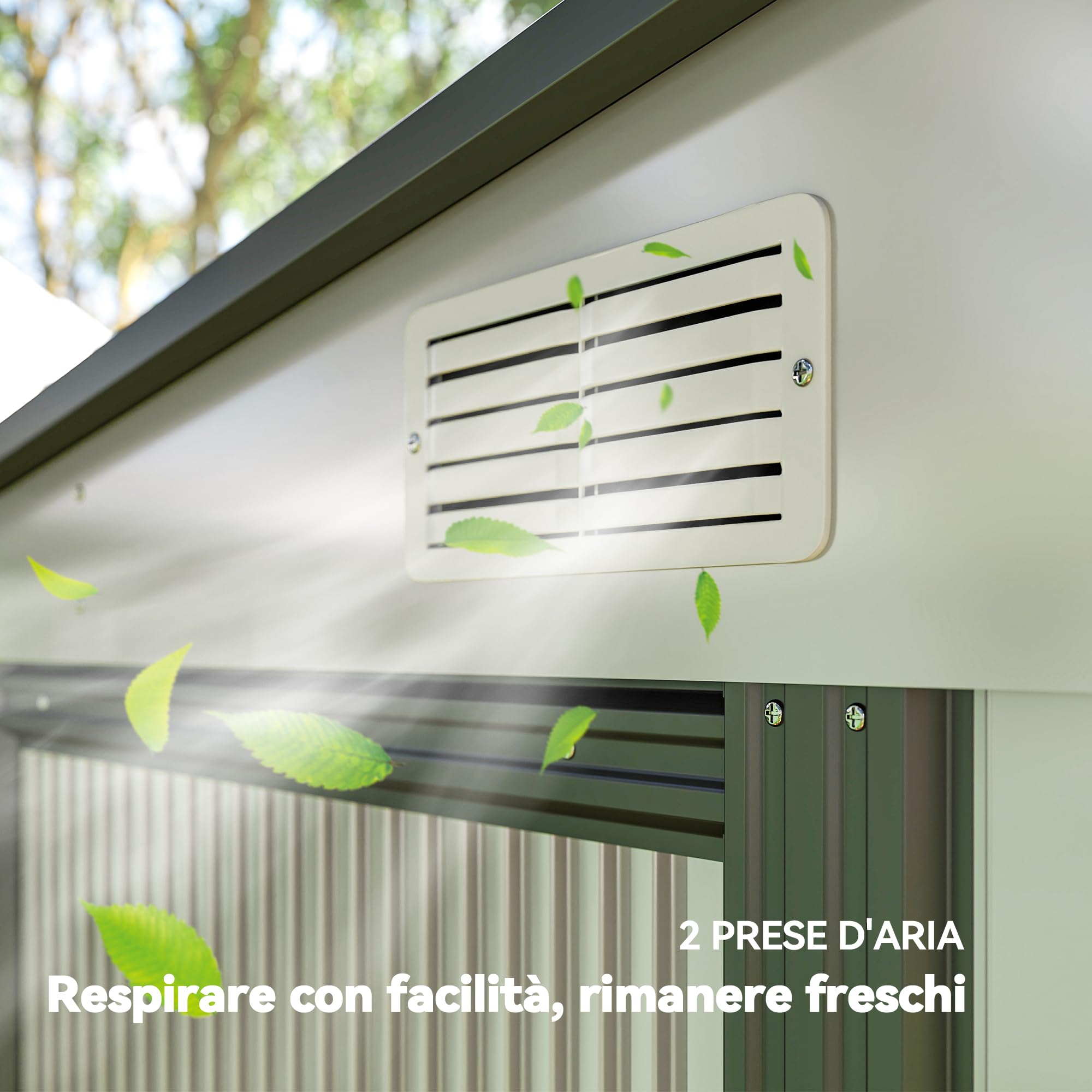 Outsunny Casetta da Giardino 2.81m² in Acciaio Zincato con Kit Fondazione, Capanno Porta Attrezzi Addossato con Ripiani Regolabili, Ganci, Tetto Inclinato, Prese d'Aria, Porta Scorrevole Bianco