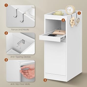 HEXCELEN Slim Bedside Table, Narrow Bedside Cabinet with Tray | Nightstand with 1 Door, Side Table with 2 Hooks, for Bedrooms, Living Rooms, Modern, White, 35 × 24 × 64 cm