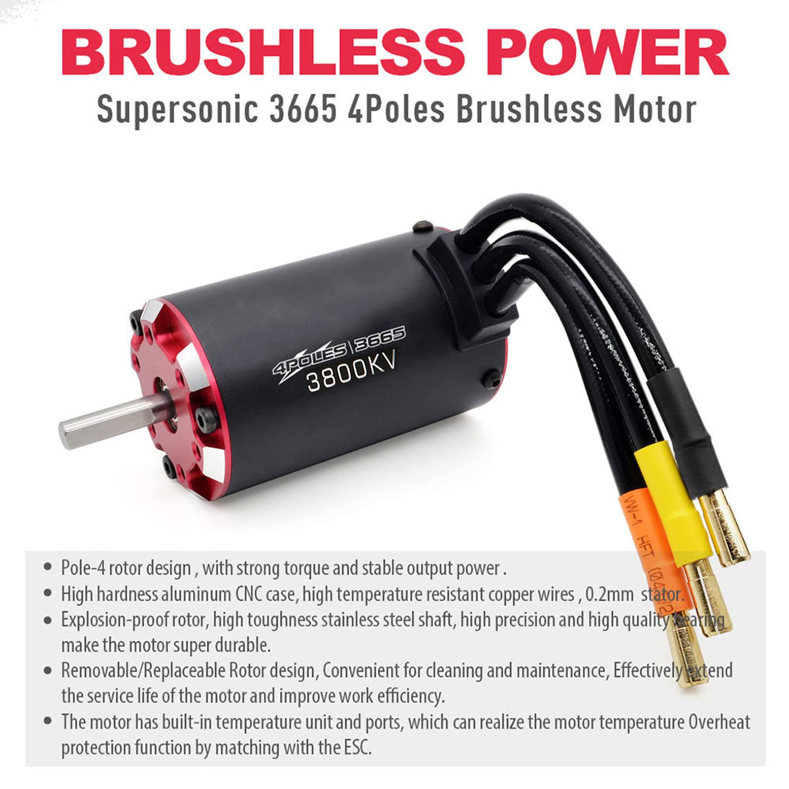 Motor con Sensor sin Escobillas de 4 3665 3800KV para Coches 1/10 RC Carcasa de Aluminio Duradera