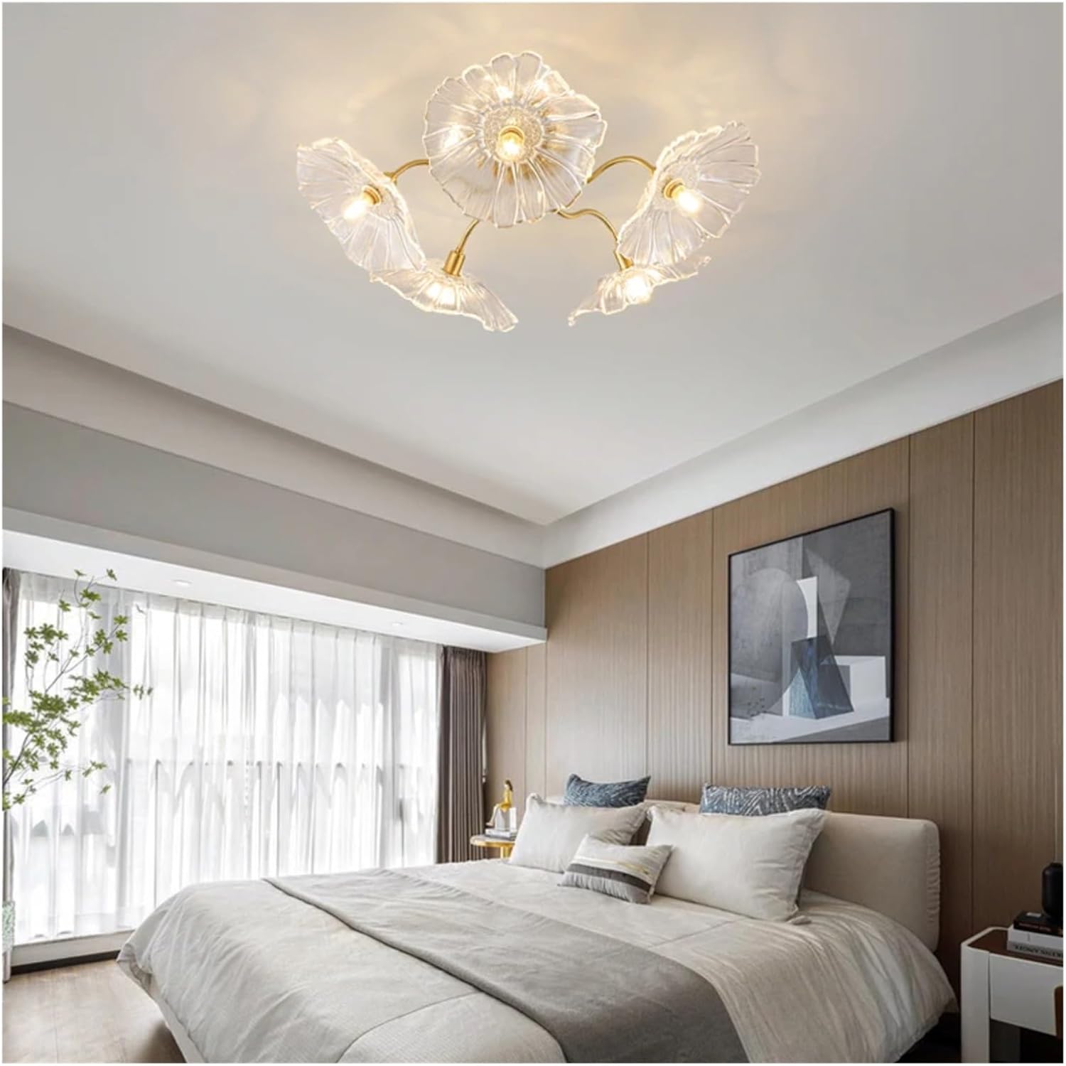 Nordic Living Room LED Chandelier Copper Material Bedroom Dining Room Kitchen Ceiling Light Petal Glass Lampshade Decorate Lamp,luminaire