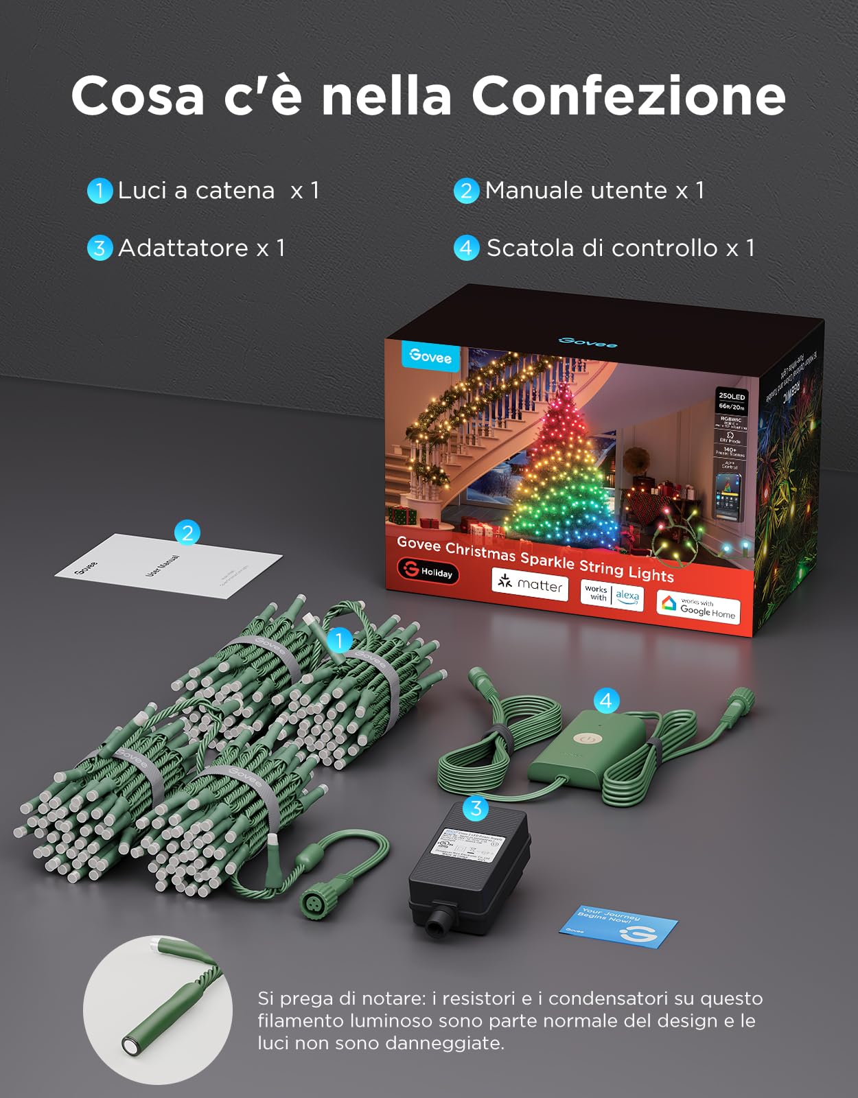 Govee Christmas Sparkle String Lights, Luci RGBWIC da 20M con 250 LEDs | Decorazioni Natalizie per Interni, Oltre 140 Modalità di Scena, Controllo APP Intelligente con Alexa