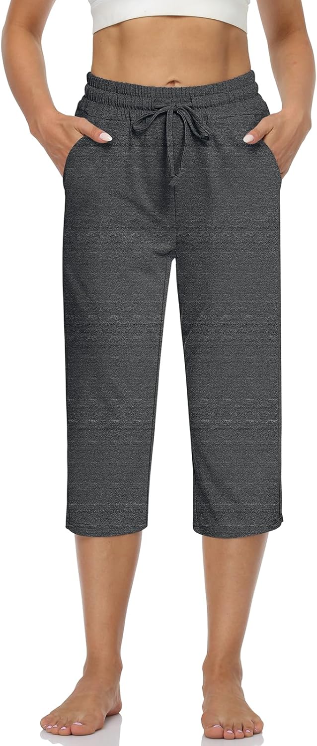 UEU Women’s Comfy Drawstring Yoga Capri Pants Loose Workout Sweatpants Wide Leg Lounge Pants with Pockets