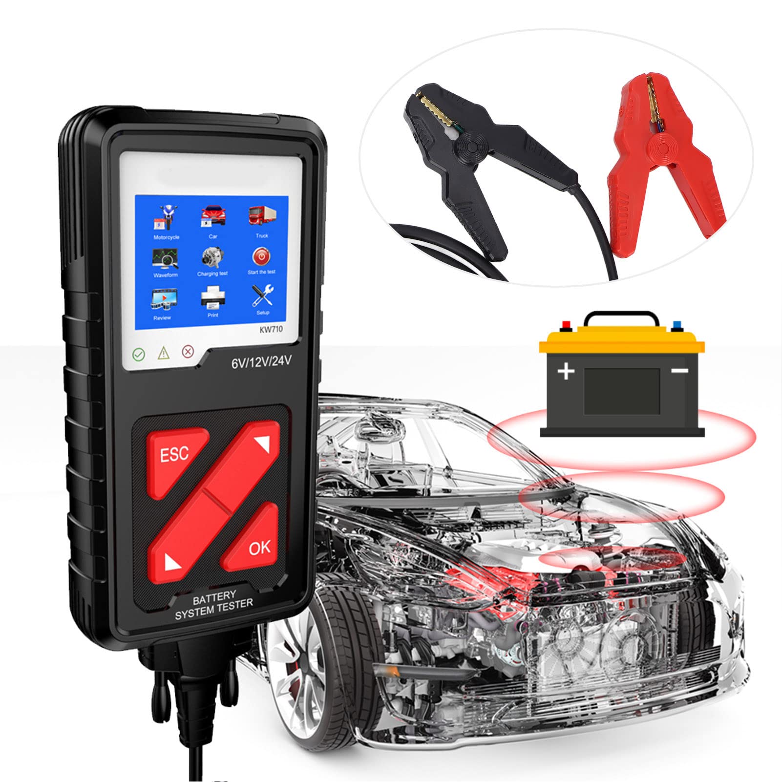 Tester Batteria Auto, 6‑24 V 100-2000CCA Tester Carico Batteria Luce di Promemoria Universale per Camion Moto