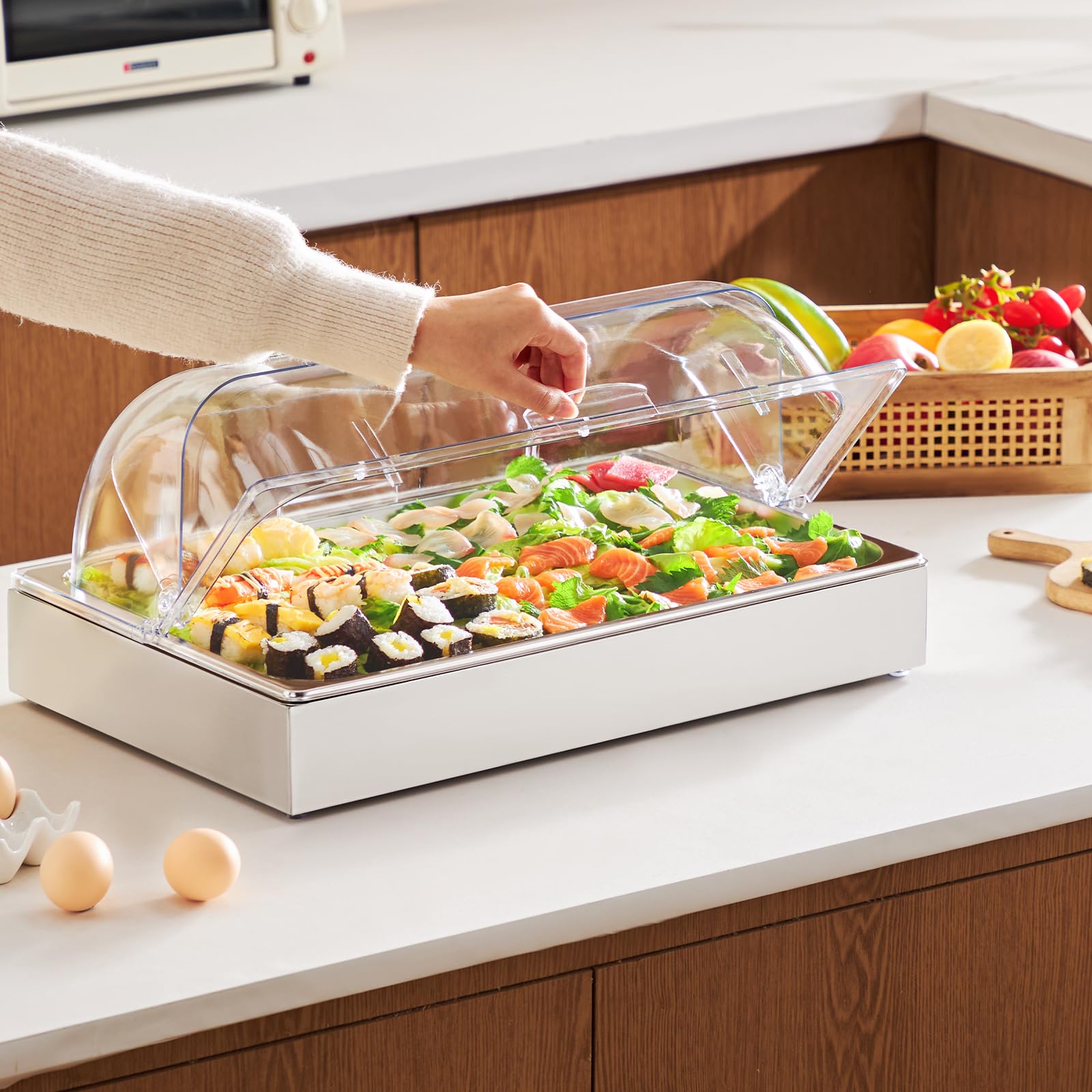 VEVOR Servierbehälter Buffet-Behälter Gastronormbehälter aus Edelstahl (1 Behälter), Präsentationsständer mit transparentem Deckel & 3 Eiswürfelschalen für Restaurant Hotel Küche