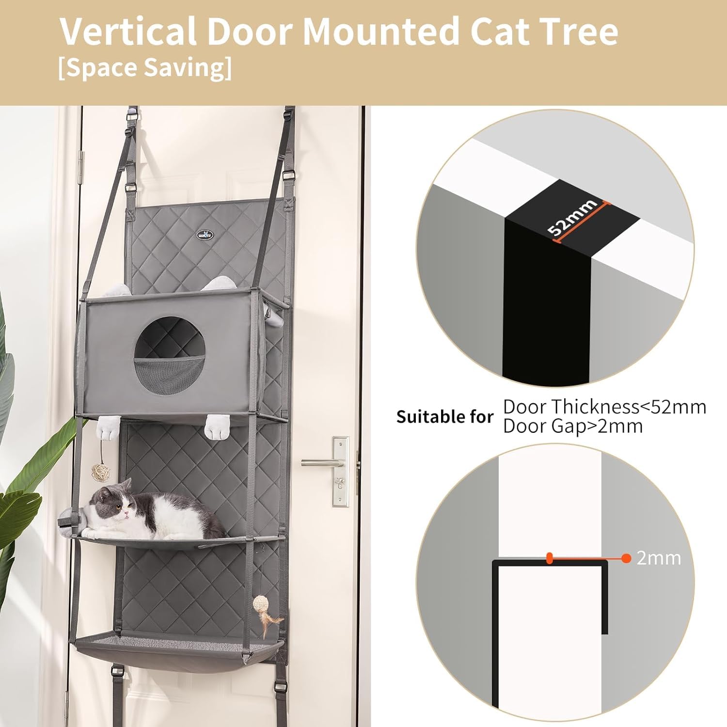 Albero per gatti da appendere – Amaca da parete per gatti da appendere alla porta, per interni, letto sospeso/rialzato, 4 piani con cuscino rimovibile, tenda avvolgibile e giocattolo a sfera