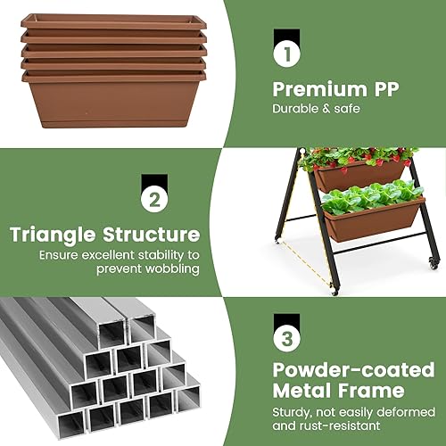 Miniatura 6 de Giantex 2 macetas verticales elevadas sobre ruedas, camas de jardín elevadas con orificio de drenaje de agua, 5 cajas de contenedores independientes