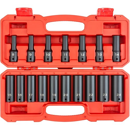 TEKTON 1/2 Inch Drive Deep 6-Point Impact Socket Set, 17-Piece (8-24 mm) | SID92329