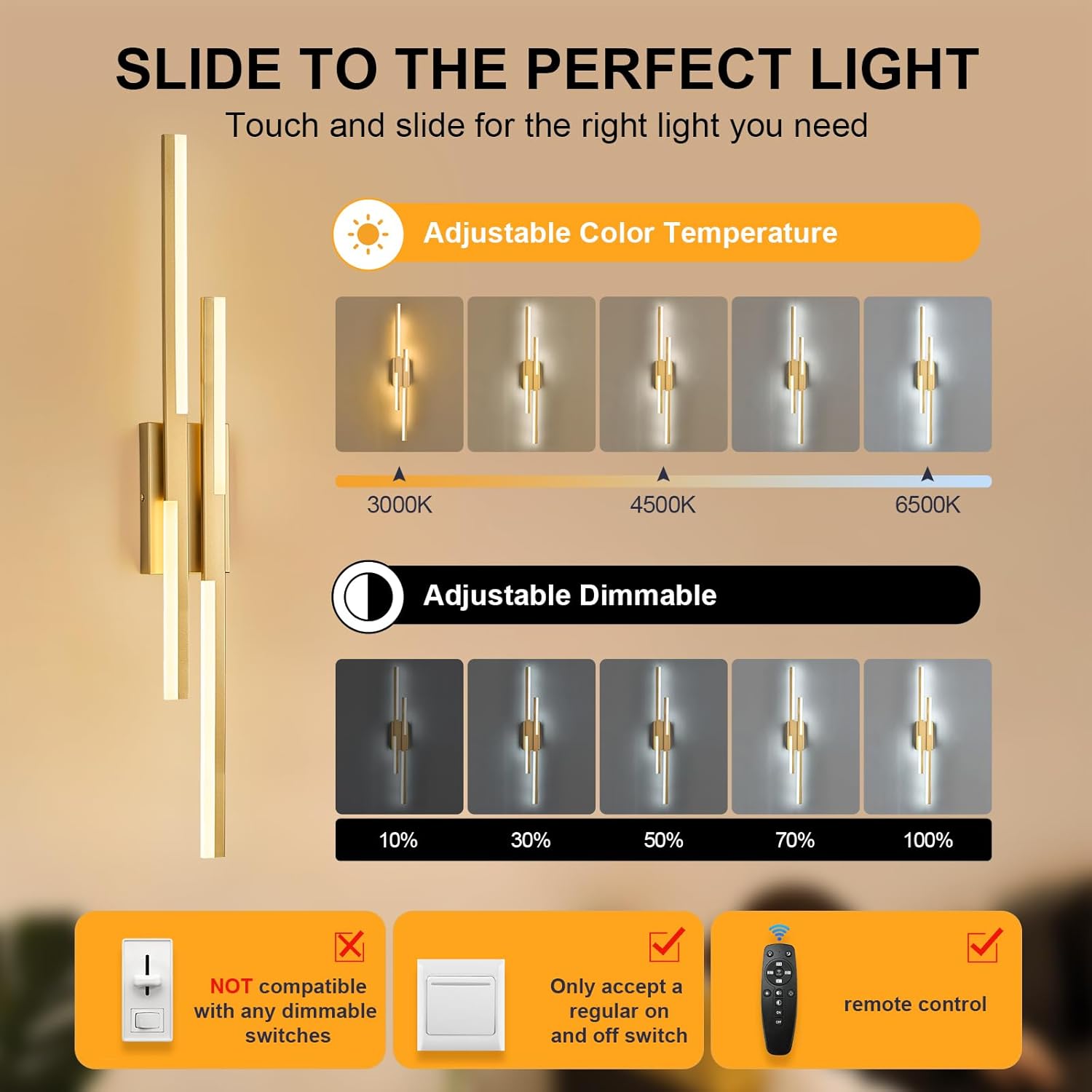 Benkut Modern LED Wall Sconce Gold Remote Wall Light Fixtures for Bathroom, Dimmable Vanity Light Indoor LED Remote Wall Sconce for Living Dining Room Bedside Bedroom (3000-6500K 35.4inch)