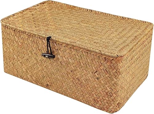 Miniatura 1 de Sobotoo Caja de almacenamiento de mimbre con tapa, caja de almacenamiento de ratán tejida a mano natural, cajas organizadoras rectangulares para el