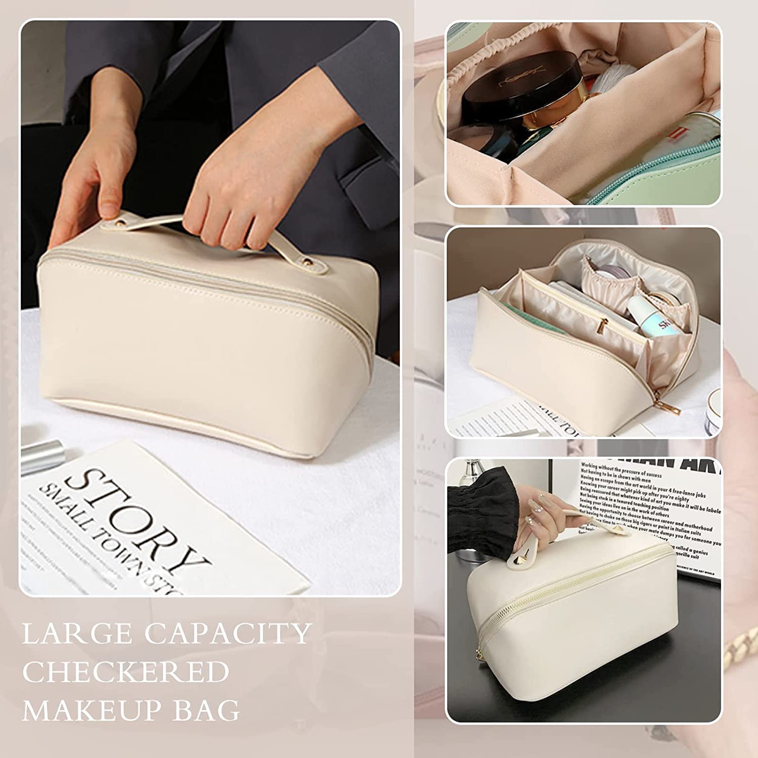 W2S Large Capacity Cosmetic Travel Bag, Women's Makeup Travel Accessory, Cosmetic Bag Portable Leather, Makeup Bags with Handle & Divider, Wide Opening Cosmetic/Makeup Organizer (White) 4