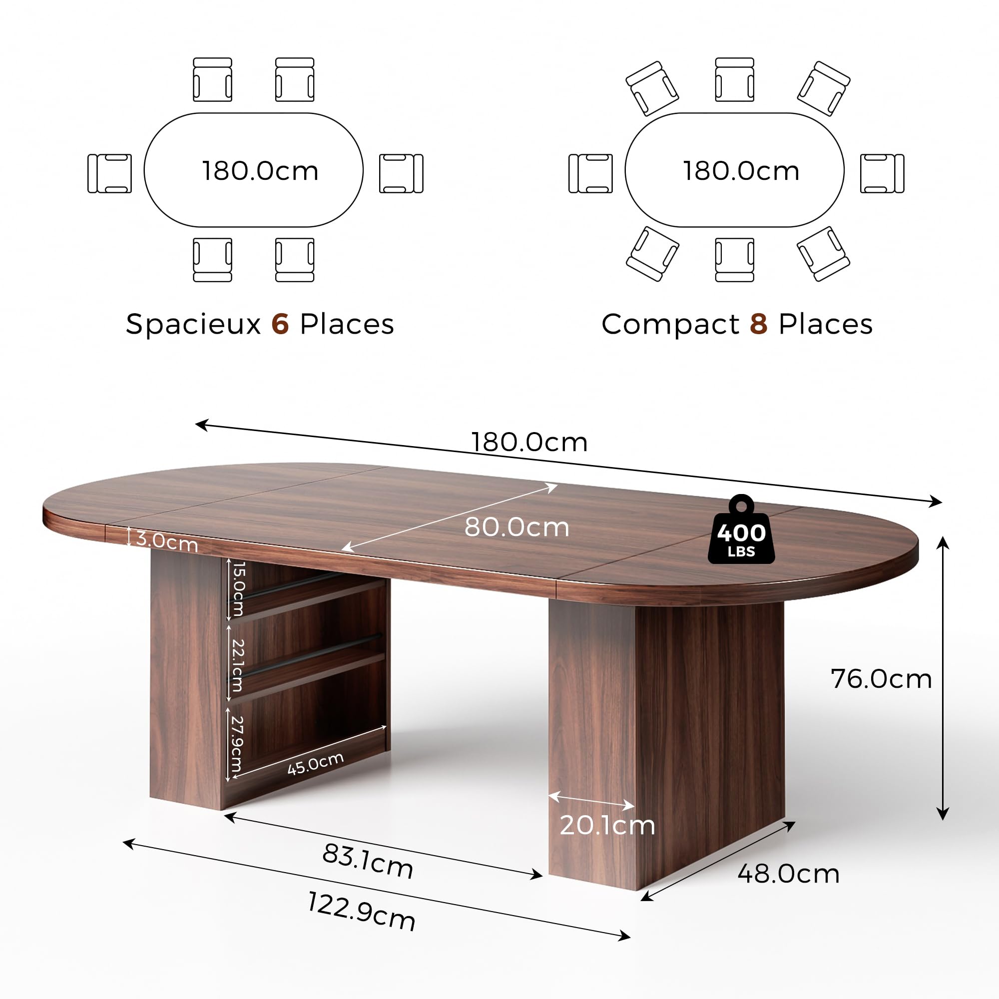 Jocoevol Esstisch 180x80 cm Oval, Massiver Küchentisch mit Stauraum in Seitenschränken, Esszimmertisch für 6-8 Personen, Robust bis 180 kg für Küchen und Esszimmer, Nussbaum