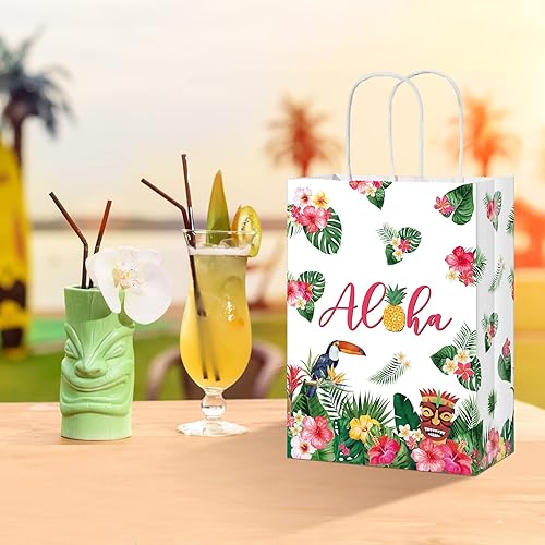 Miniatura 7 de Pajean Paquete de 32 bolsas de regalo hawaianas Luau Party Summer Tropical Palm Leaf Bolsa de papel con asa para dulces Verano Tropical Aloha