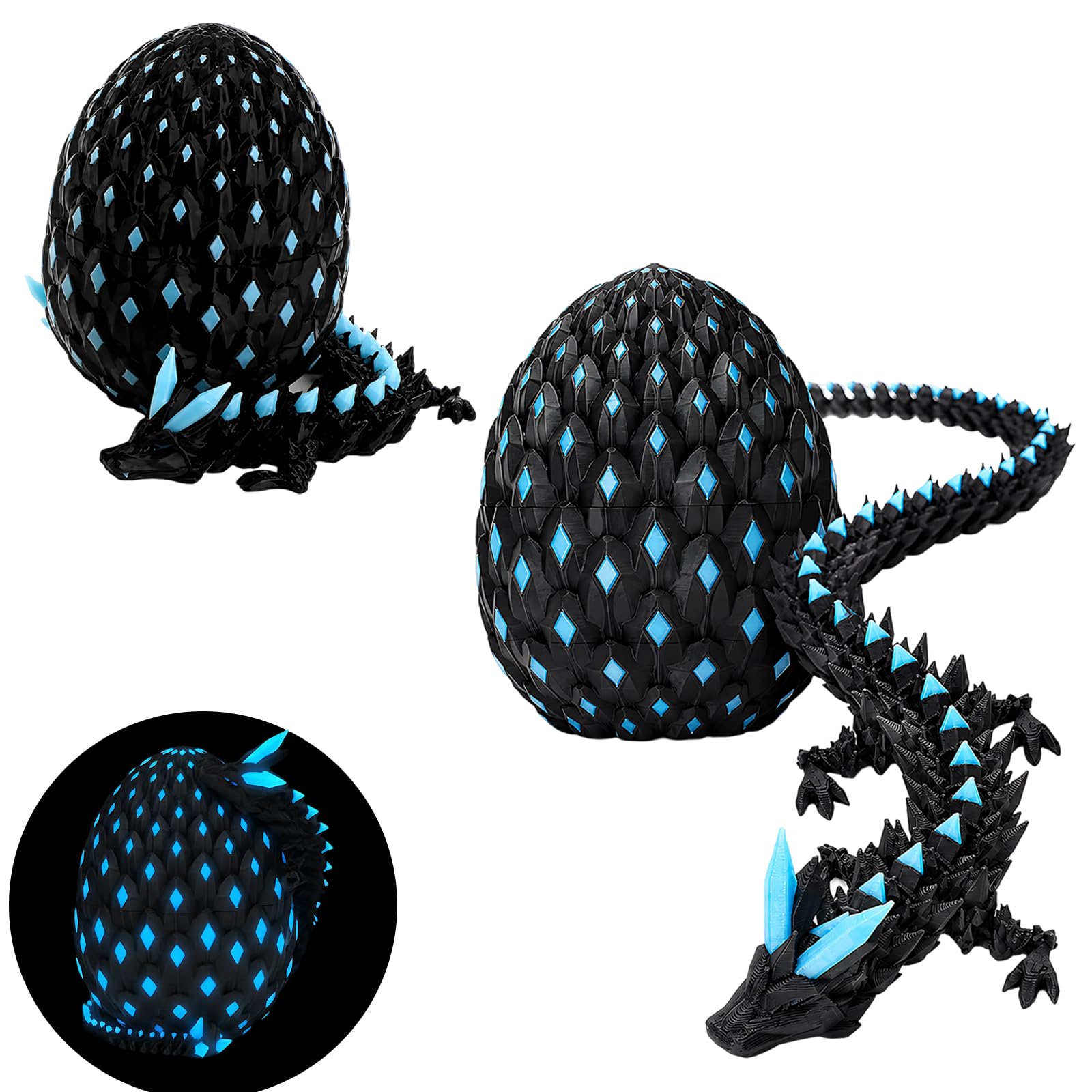 2PCS Set 3D Printed Dragon Egg with 22cm Dragon, Dragon Eggs with Dragon Inside Style, 3D Dragon Eggs with Dragon Inside Multicolour, Dragon Egg (8cm) and Dragon Eggs (6cm) with Glow Blue Dragons