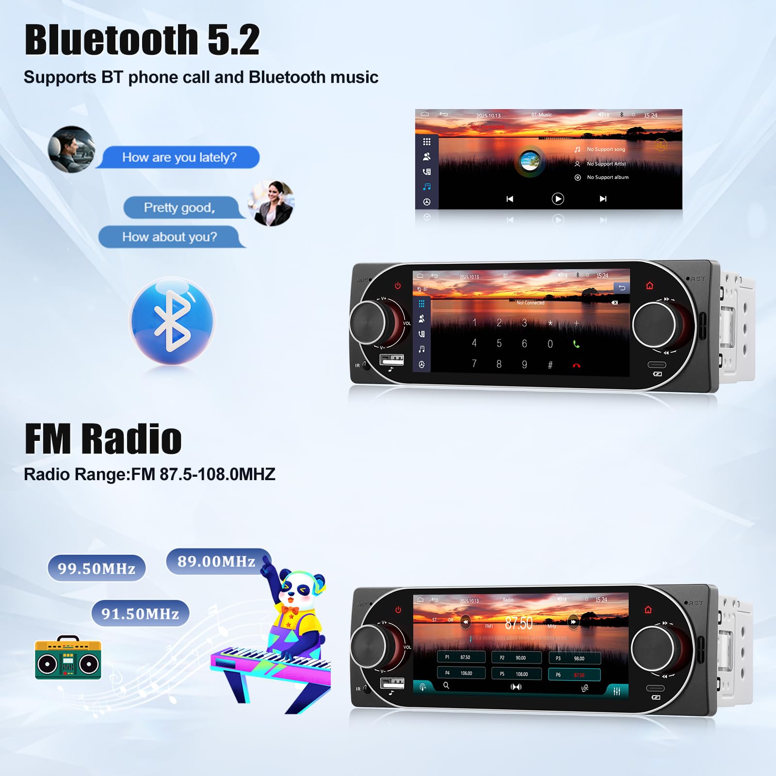 SIXWIN Autoradio 1 DIN Wireless Carplay et Android Auto, 5 Pouces HD Ecran Tactile Poste Radio Soutien Lien Miroir pour iOS/Android SWC Bluetooth 5.2/USB/Type-C/FM/EQ+Commande Volant