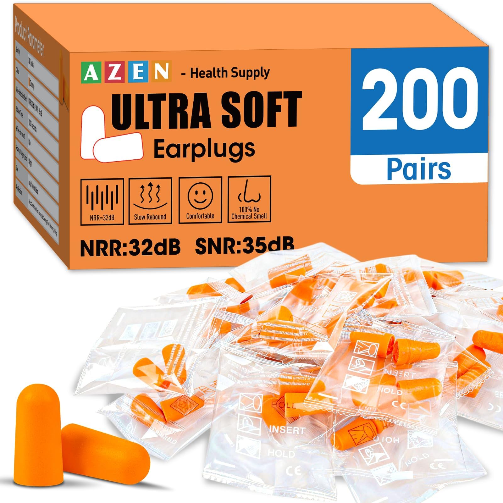 AZEN 200 pares de tapones para los oídos, tapones para los oídos de espuma suave NRR 32dB para dormir con cancelación de ruido, tapones para los oídos (naranja)