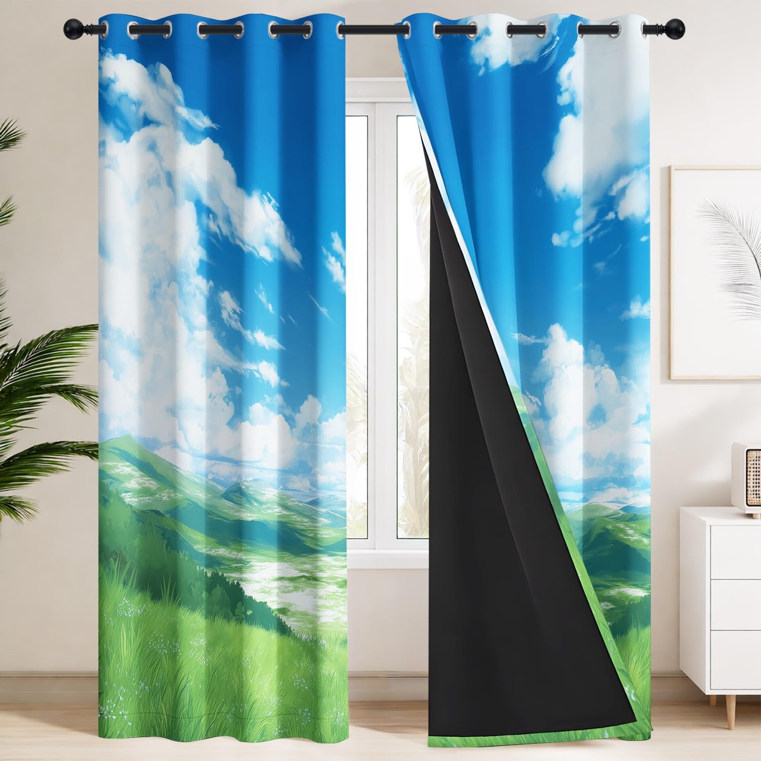 Rideaux Occultants Esthétique Couleurs Douces, Paisible 140L X 180H cm Ciel Bleu, Collines, Nuages duveteux – Isolation Thermique et Protection de l'Intimité, 2 Panneaux pour Chambre d'Enfant