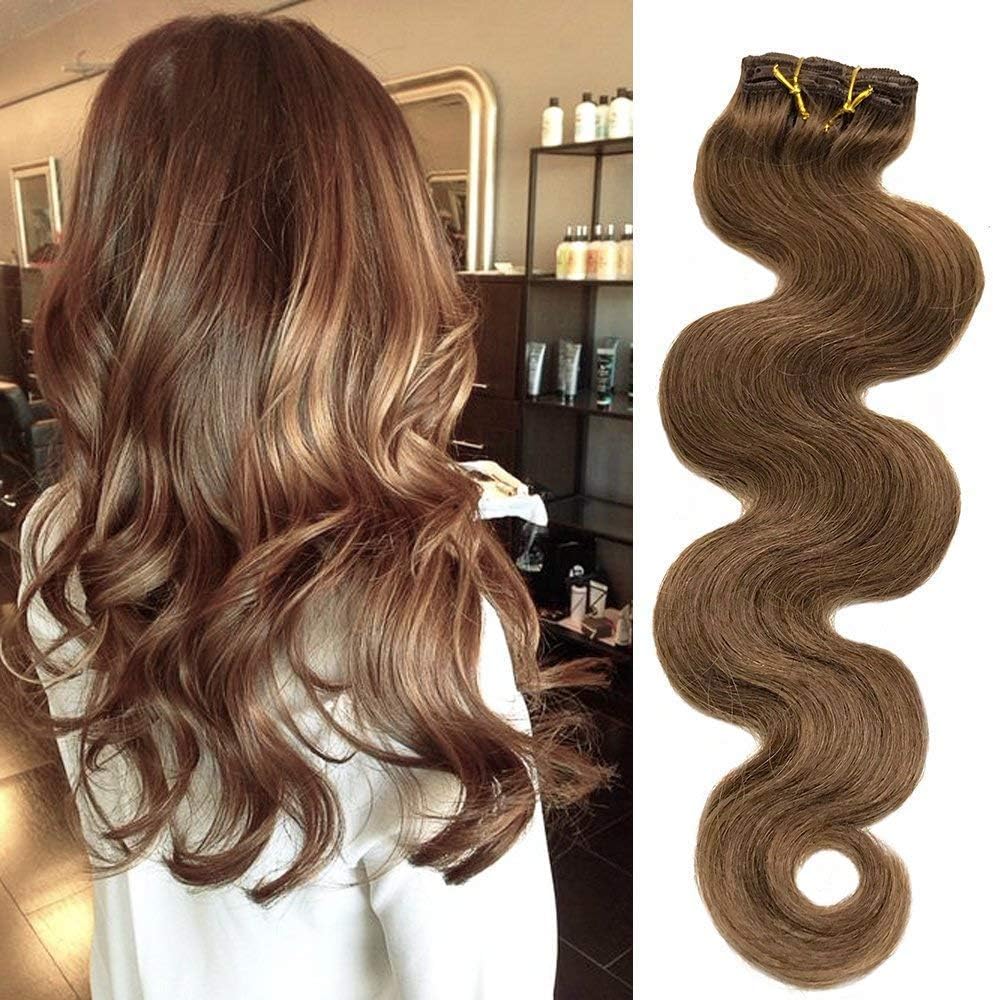 Koobetti Clip in Hair Extensions Natural Black Human Hair 7 pieces 70g Clip On Body Wave Weft Remy Real Hair, No.6 Light Brown, 20inch