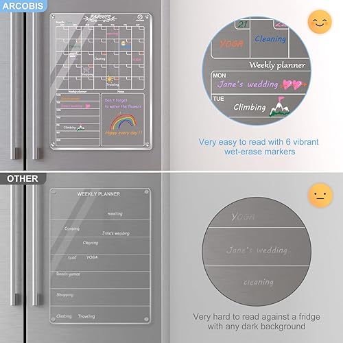 Miniatura 2 de ARCOBIS Calendario acrílico magnético para refrigerador, calendario mensual y semanal transparente de 12 x 16 pulgadas con 6 marcadores, 1 soporte