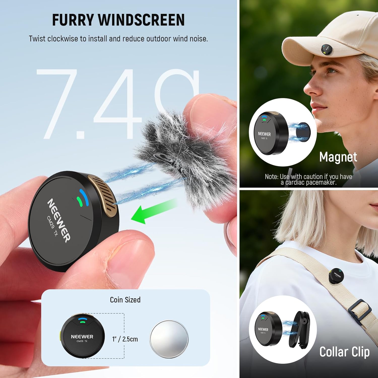 NEEWER CM29 Mini Wireless Microphone, 48KHz/24Bit Noise Cancelling Clip On Lav Mic, 25H Battery, 150m Range, Compatible with iPhone iPad Android DJI Insta360 Camera PC Mac (1RX+2TX+Charging Case)