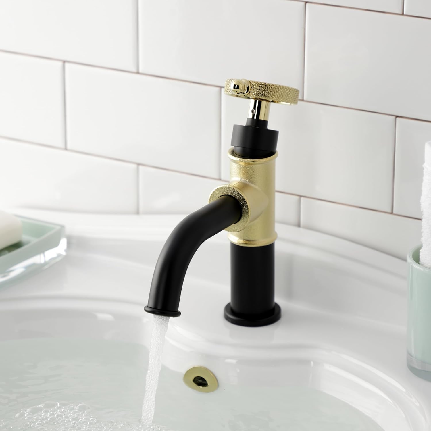 Kingston Brass KS2822RKX Webb Single-Handle 1-Hole Deck Mount Bathroom Faucet with Knurled Handle and Push Pop-Up Drain in Matte Black/Polished Brass