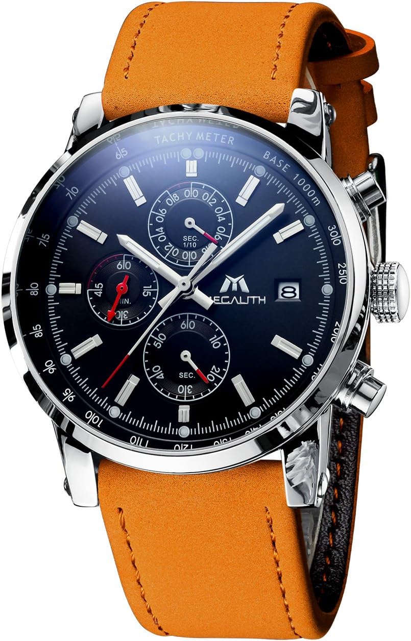 MEGALITH Mens Watches Men Military Sport Waterproof Chronograph Date Brown Leather Wrist Watch Business Casual Analogue Quartz Watches for Men