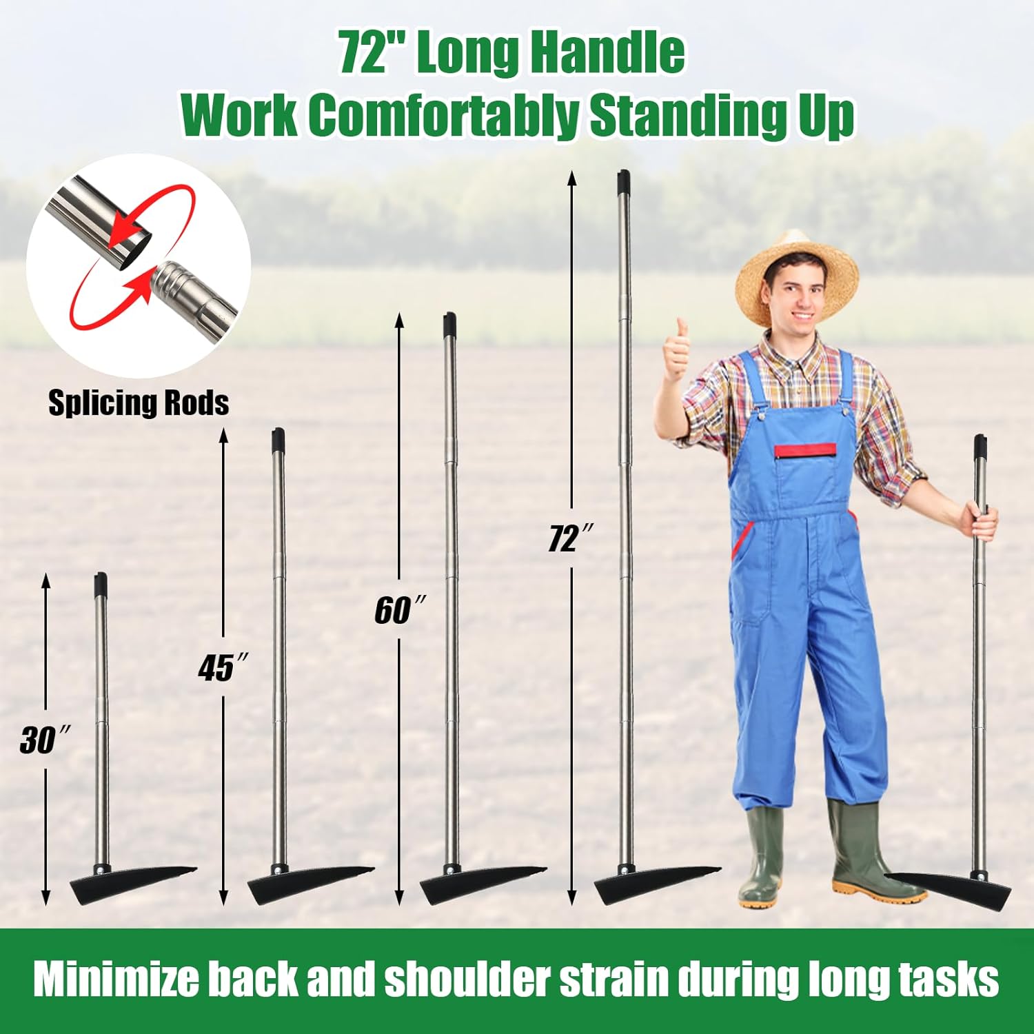 Hoe Garden Tool 30-72 Inch, Stainless Steel Extendable Handle Trenching Hoe with Sharp Triangle Blade, Multi-Purpose Weeding Tool for Weed Removal, Digging, Cultivating, Loosening Soil & Trenching