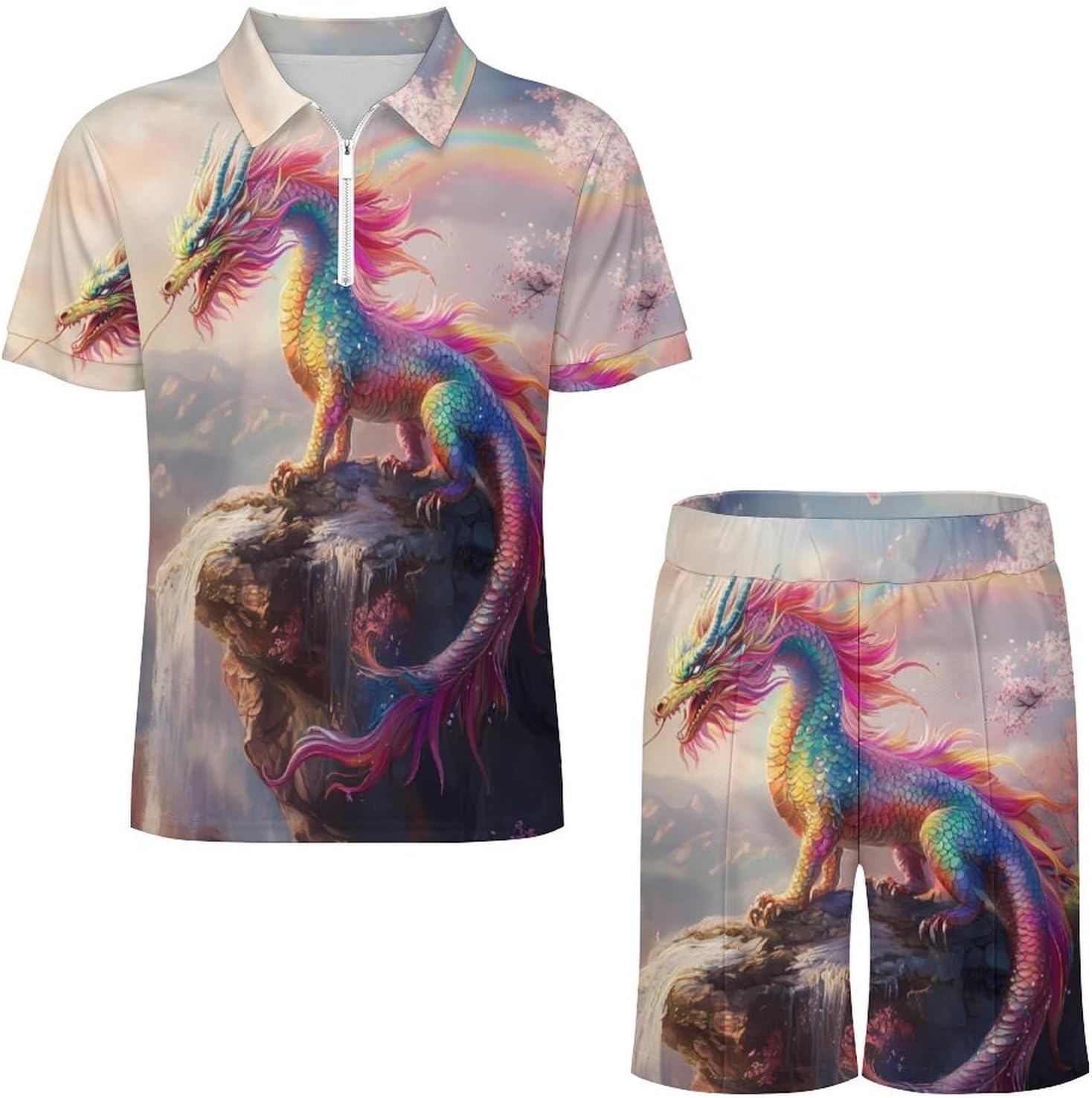 Colorful Dragons Mens Polo Shirts Track Suits 2 Piece Short Sleeve Sweatsuit 1/4 Zip Golf Loungewear for Sports