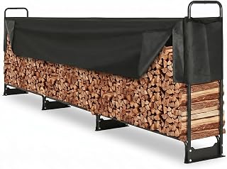 12.7ft Firewood Rack Holder, 152x14.2x46.1in, Adjustable Heavy Duty Fire Log Storage Holder with Cover for Fireplace, Outdoor Indoor Wood Pile Storage Organizer, Black