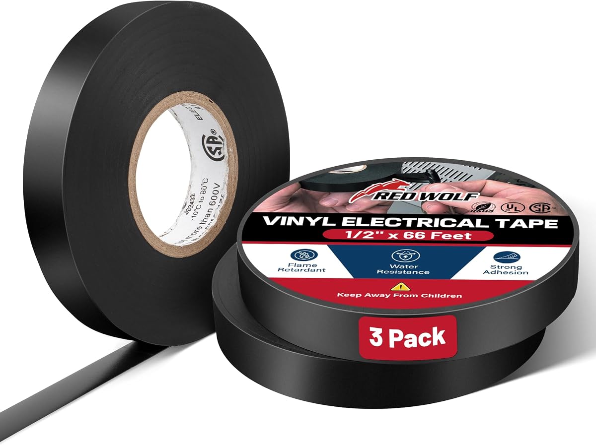 Vinyl Electrical Tape 1/2"-66Ft 3 Pcs, UL CSA Listed PVC Electric Tape 7 Mil Thick Flame Retardant Strong Rubber Based Adhesive Tape Rated 600V for Electrical Automotive Application