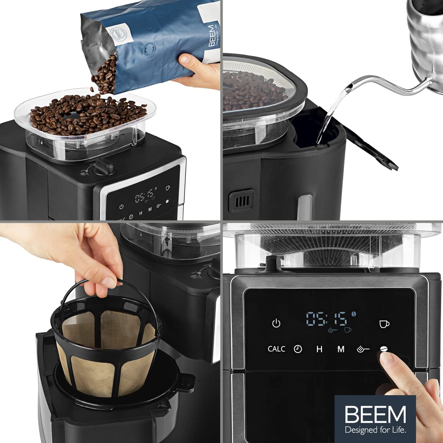 Steps for filling coffee beans and water into the BEEM coffee maker
