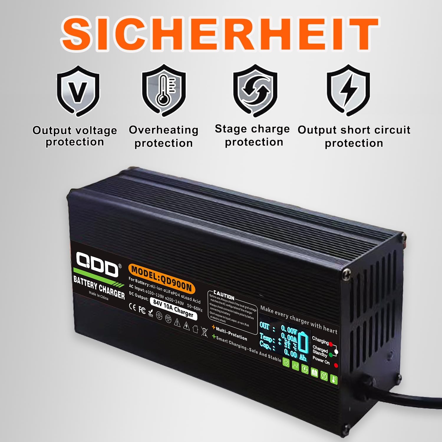 QDD Caricabatterie da 84 V 10 A, corpo in alluminio nero, sicuro e durevole, utilizzato per batteria al litio 20S 72 V, caricatore intelligente, uscita DC, spina XT60 con indicatore di carica