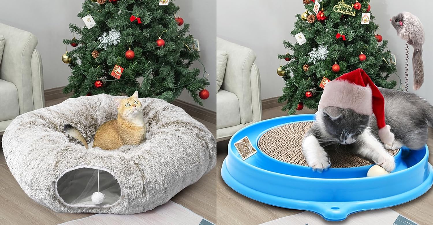 AUOON Cat Play Tunnel and Cat Scratcher Toy,Big Tube Playground Toys for Kitten, Cats, Puppy Rabbit, Ferret